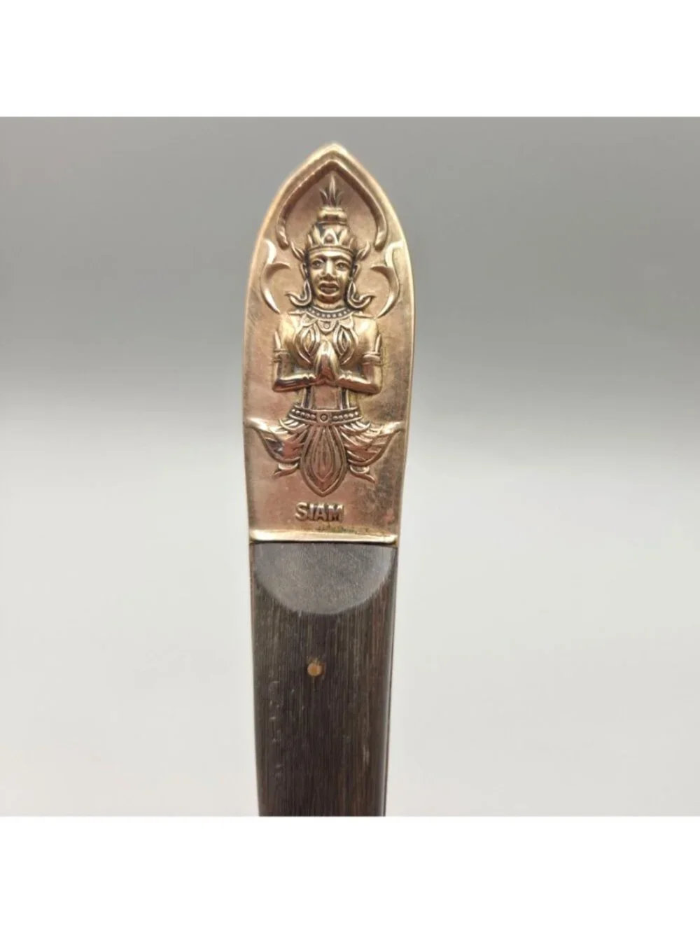 Vintage Siam Brass Rosewood Serving Spoon Twisted Handle Design Ornate Engraved